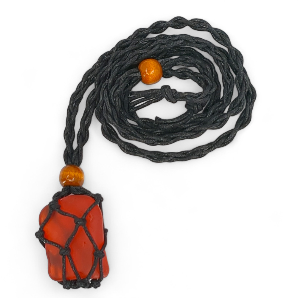 Amberina Tumbled Art Glass Glowing‎ Pendant Necklace Black Braided Cord J2421